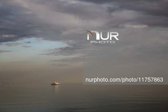 A structure seen on Caspian Sea from Baku Boulevard in Baku, Azerbaijan on November 9, 2024. 