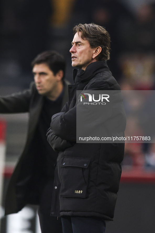 Thomas Frank, manager of Brentford, stands on the touchline during the Premier League match between Brentford and Bournemouth at the Gtech C...