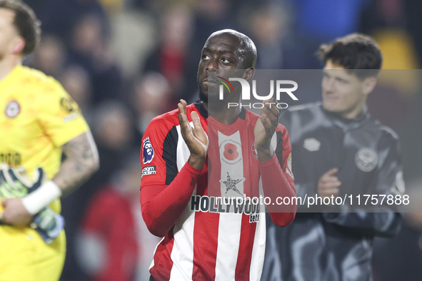 Yoane Wissa of Brentford, who scores two goals, stands at the end of the game during the Premier League match between Brentford and Bournemo...