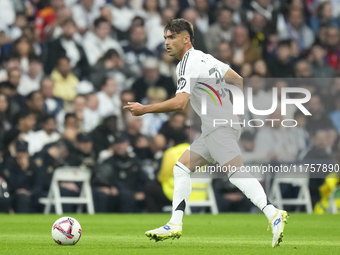 Raul Asencio centre-back of Real Madrid and Spain during the La Liga match between Real Madrid CF and CA Osasuna at Estadio Santiago Bernabe...