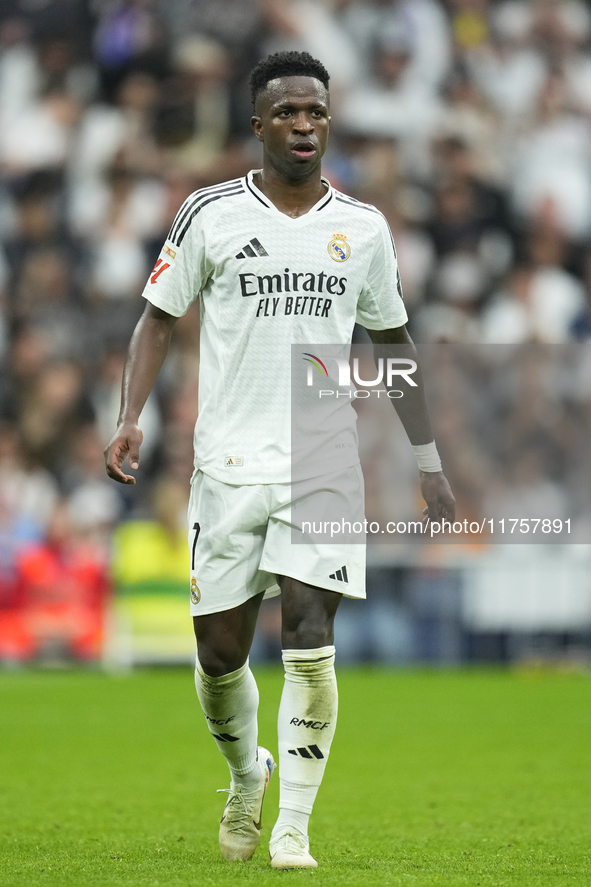 Vinicius Junior left winger of Real Madrid and Brazil during the La Liga match between Real Madrid CF and CA Osasuna at Estadio Santiago Ber...