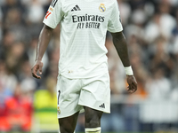 Vinicius Junior left winger of Real Madrid and Brazil during the La Liga match between Real Madrid CF and CA Osasuna at Estadio Santiago Ber...