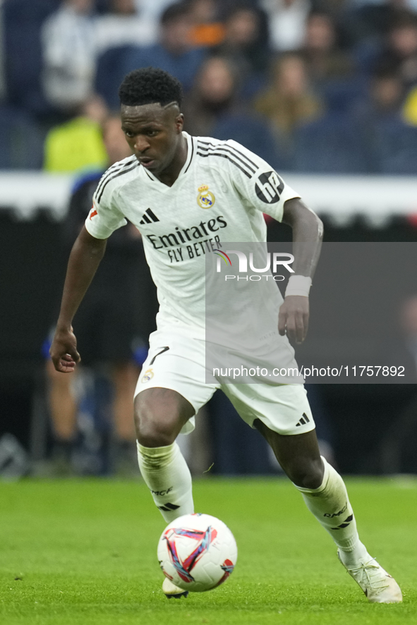 Vinicius Junior left winger of Real Madrid and Brazil during the La Liga match between Real Madrid CF and CA Osasuna at Estadio Santiago Ber...