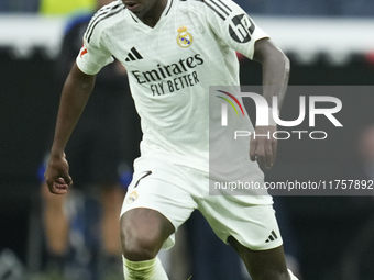 Vinicius Junior left winger of Real Madrid and Brazil during the La Liga match between Real Madrid CF and CA Osasuna at Estadio Santiago Ber...