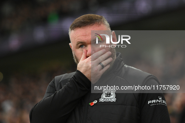 Wayne Rooney manages Plymouth Argyle during the Sky Bet Championship match between Derby County and Plymouth Argyle at Pride Park in Derby,...