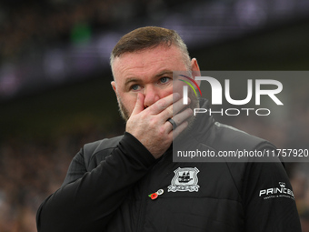 Wayne Rooney manages Plymouth Argyle during the Sky Bet Championship match between Derby County and Plymouth Argyle at Pride Park in Derby,...