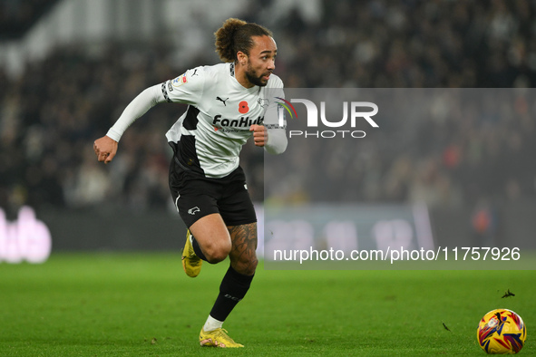 Marcuss Harness of Derby County is in action during the Sky Bet Championship match between Derby County and Plymouth Argyle at Pride Park in...