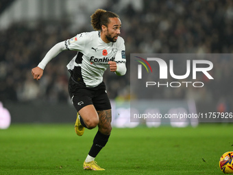 Marcuss Harness of Derby County is in action during the Sky Bet Championship match between Derby County and Plymouth Argyle at Pride Park in...