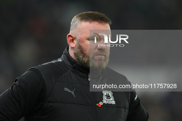 Wayne Rooney, manager of Plymouth Argyle, looks on during the Sky Bet Championship match between Derby County and Plymouth Argyle at Pride P...