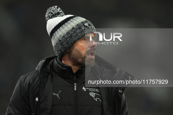 Derby manager, Paul Warne, looks on during the Sky Bet Championship match between Derby County and Plymouth Argyle at Pride Park in Derby, E...