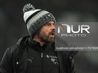 Derby manager, Paul Warne, looks on during the Sky Bet Championship match between Derby County and Plymouth Argyle at Pride Park in Derby, E...