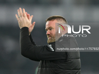 Wayne Rooney, manager of Plymouth Argyle, applauds the Derby supporters during the Sky Bet Championship match between Derby County and Plymo...