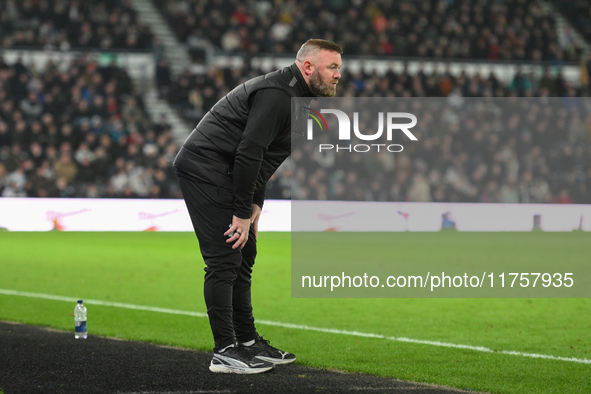 Wayne Rooney manages Plymouth Argyle during the Sky Bet Championship match between Derby County and Plymouth Argyle at Pride Park in Derby,...