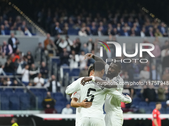 Jude Bellingham central midfield of Real Madrid and England celebrates after scoring his sides first goal during the La Liga match between R...