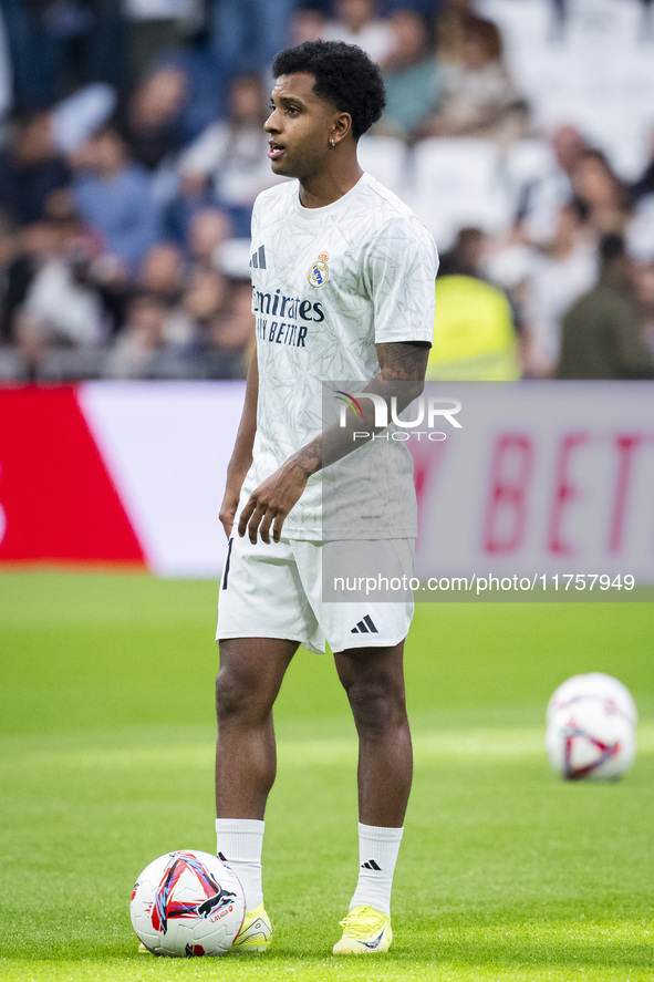 Rodrygo Silva de Goes of Real Madrid CF warms up during the La Liga EA Sports 2024/25 football match between Real Madrid CF and CA Osasuna a...