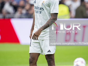 Rodrygo Silva de Goes of Real Madrid CF warms up during the La Liga EA Sports 2024/25 football match between Real Madrid CF and CA Osasuna a...