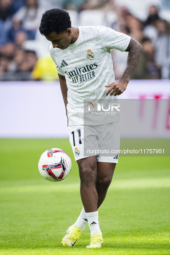 Rodrygo Silva de Goes of Real Madrid CF warms up during the La Liga EA Sports 2024/25 football match between Real Madrid CF and CA Osasuna a...