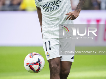 Rodrygo Silva de Goes of Real Madrid CF warms up during the La Liga EA Sports 2024/25 football match between Real Madrid CF and CA Osasuna a...