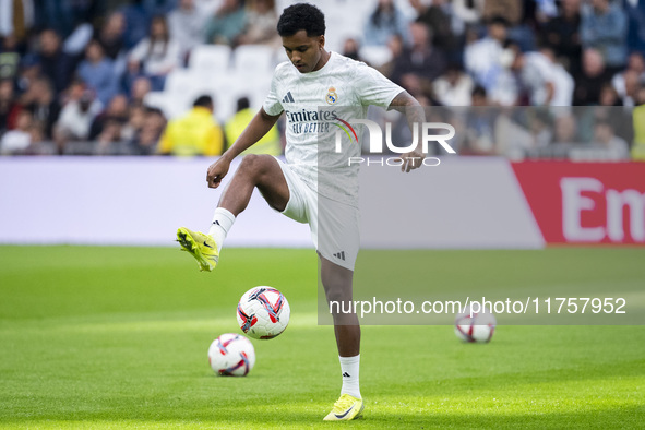 Rodrygo Silva de Goes of Real Madrid CF warms up during the La Liga EA Sports 2024/25 football match between Real Madrid CF and CA Osasuna a...