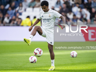 Rodrygo Silva de Goes of Real Madrid CF warms up during the La Liga EA Sports 2024/25 football match between Real Madrid CF and CA Osasuna a...