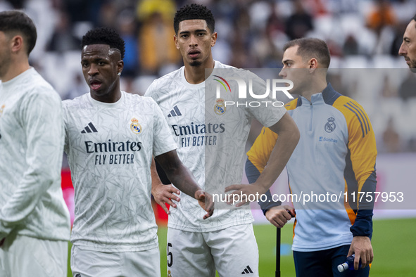 Jude Bellingham of Real Madrid CF (C) warms up during the La Liga EA Sports 2024/25 football match between Real Madrid CF and CA Osasuna at...