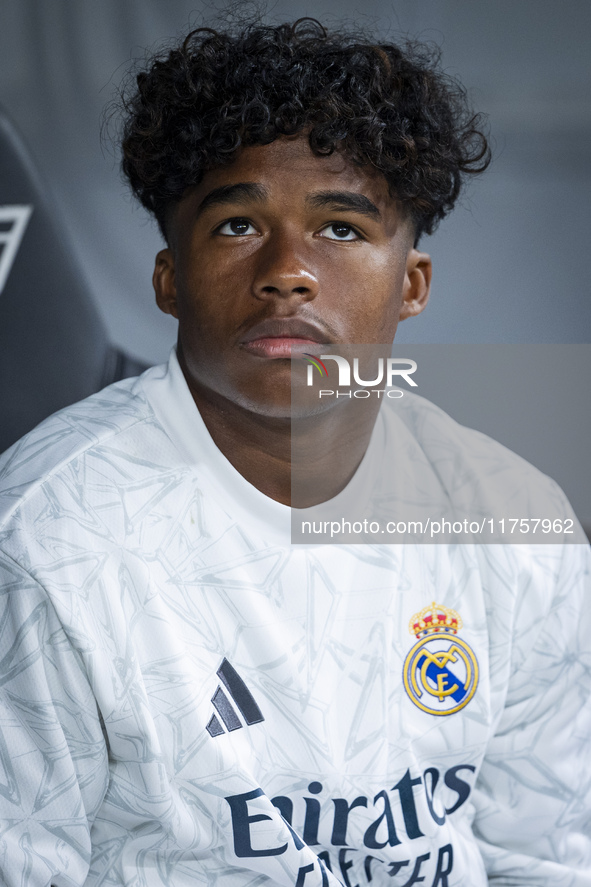 Endrick Felipe Moreira de Sousa of Real Madrid CF sits on the bench during the La Liga EA Sports 2024/25 football match between Real Madrid...