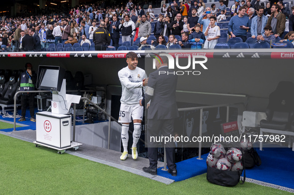 Raul Asencio of Real Madrid CF enters the field during the La Liga EA Sports 2024/25 football match between Real Madrid CF and CA Osasuna at...