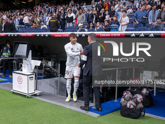 Raul Asencio of Real Madrid CF enters the field during the La Liga EA Sports 2024/25 football match between Real Madrid CF and CA Osasuna at...