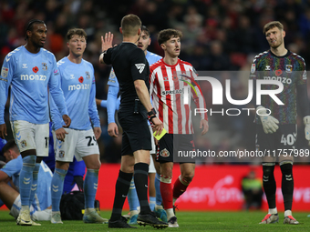 Sunderland's Trai Hume receives a yellow card during the Sky Bet Championship match between Sunderland and Coventry City at the Stadium Of L...