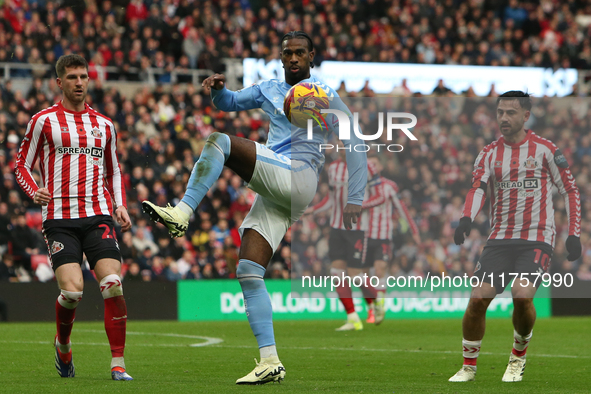 Coventry City's Haji Wright controls a ball during the Sky Bet Championship match between Sunderland and Coventry City at the Stadium Of Lig...