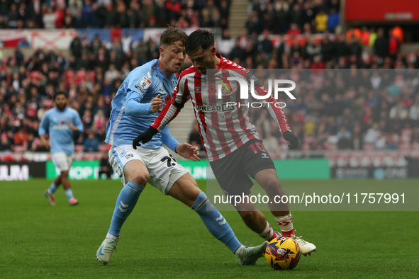 Sunderland's Patrick Roberts takes on Coventry City's Victor Torp during the Sky Bet Championship match between Sunderland and Coventry City...