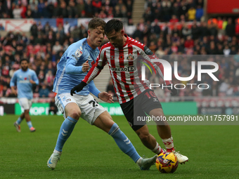 Sunderland's Patrick Roberts takes on Coventry City's Victor Torp during the Sky Bet Championship match between Sunderland and Coventry City...