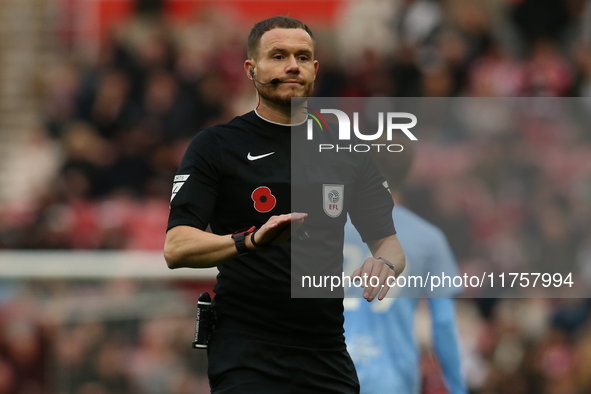 Referee Leigh Doughty officiates during the Sky Bet Championship match between Sunderland and Coventry City at the Stadium Of Light in Sunde...