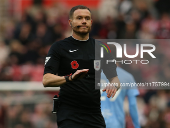 Referee Leigh Doughty officiates during the Sky Bet Championship match between Sunderland and Coventry City at the Stadium Of Light in Sunde...