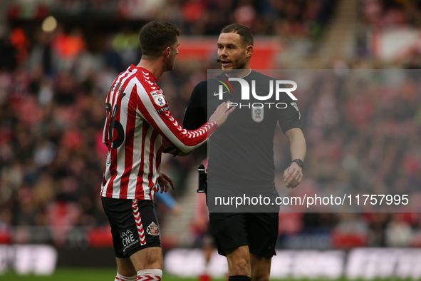 Chris Mepham of Sunderland appeals to referee Leigh Doughty during the Sky Bet Championship match between Sunderland and Coventry City at th...