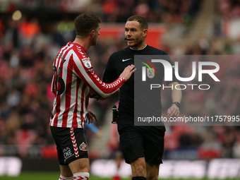 Chris Mepham of Sunderland appeals to referee Leigh Doughty during the Sky Bet Championship match between Sunderland and Coventry City at th...