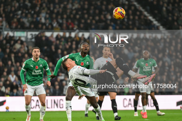 Jerry Yates of Derby County lines up an overhead kick that leads to a goal during the Sky Bet Championship match between Derby County and Pl...