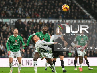 Jerry Yates of Derby County lines up an overhead kick that leads to a goal during the Sky Bet Championship match between Derby County and Pl...