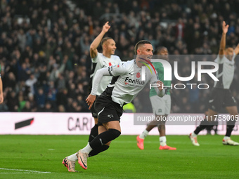 Jerry Yates of Derby County celebrates after scoring a goal to make it 1-0 during the Sky Bet Championship match between Derby County and Pl...