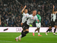 Jerry Yates of Derby County celebrates after scoring a goal to make it 1-0 during the Sky Bet Championship match between Derby County and Pl...