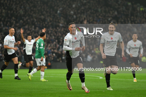 Jerry Yates of Derby County celebrates after scoring a goal to make it 1-0 during the Sky Bet Championship match between Derby County and Pl...