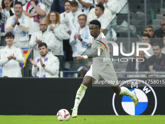 Vinicius Junior left winger of Real Madrid and Brazil during the La Liga match between Real Madrid CF and CA Osasuna at Estadio Santiago Ber...