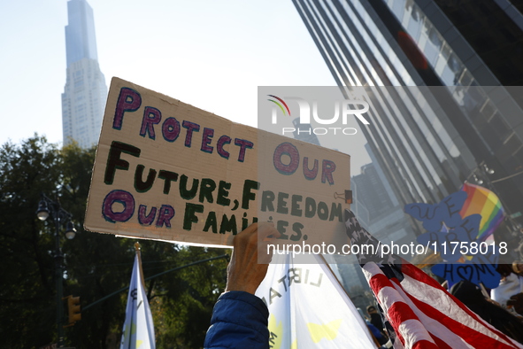 A general view shows protesters in front of the eminent immigration reform changes in Manhattan, NY, on November 9, 2024. The New York Immig...