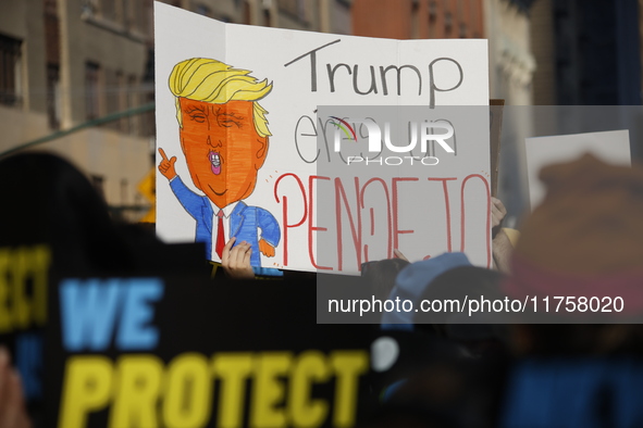 A general view shows protesters in front of the eminent immigration reform changes in Manhattan, NY, on November 9, 2024. The New York Immig...