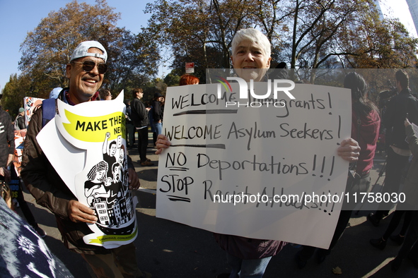 A general view shows protesters in front of the eminent immigration reform changes in Manhattan, NY, on November 9, 2024. The New York Immig...