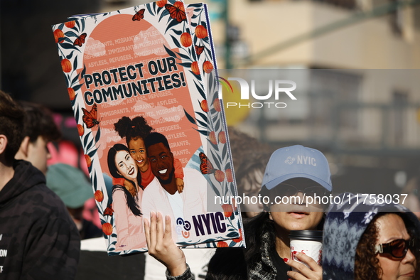 A general view shows protesters in front of the eminent immigration reform changes in Manhattan, NY, on November 9, 2024. The New York Immig...