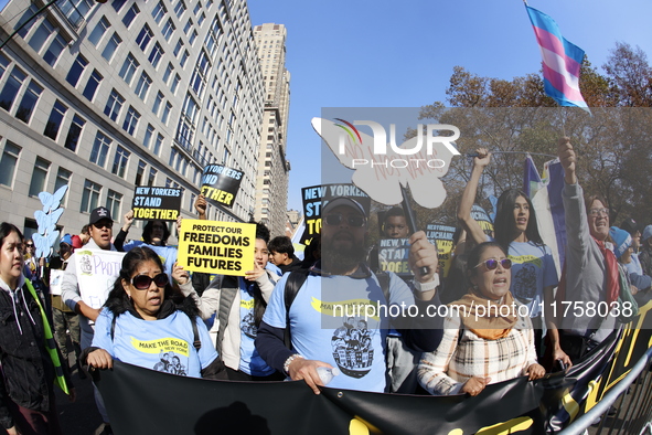 A general view shows protesters in front of the eminent immigration reform changes in Manhattan, NY, on November 9, 2024. The New York Immig...