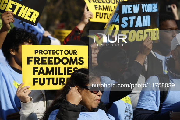 A general view shows protesters in front of the eminent immigration reform changes in Manhattan, NY, on November 9, 2024. The New York Immig...