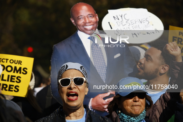 A general view shows protesters in front of the eminent immigration reform changes in Manhattan, NY, on November 9, 2024. The New York Immig...