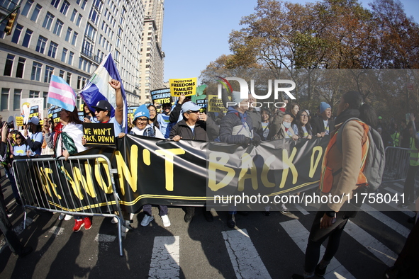 A general view shows protesters in front of the eminent immigration reform changes in Manhattan, NY, on November 9, 2024. The New York Immig...